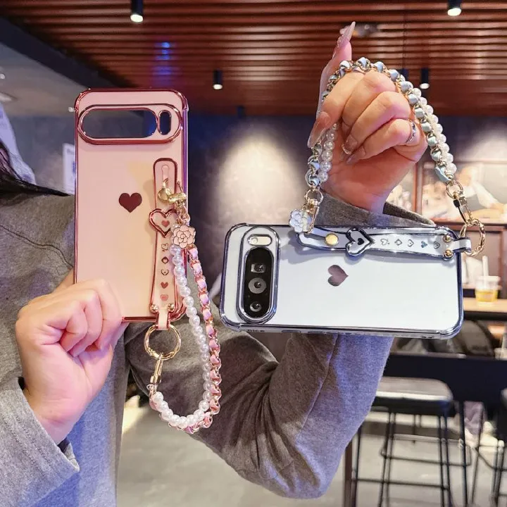 Phone Case for Google Pixel 10 Pro XL 10 9 Pro XL 9 9A 8 Pro 8A 7A Cute Love-Heart Plating Strap for Women Girls Bling Silicone Camera Protection Bumper Shockproof Phone Case