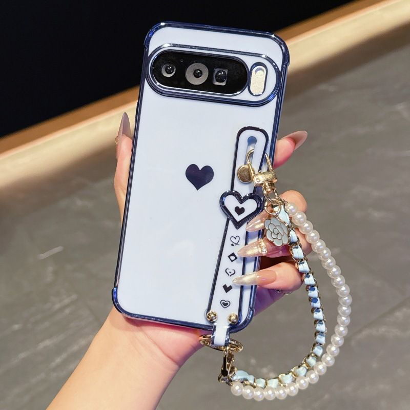 Phone Case for Google Pixel 10 Pro XL 10 9 Pro XL 9 9A 8 Pro 8A 7A Cute Love-Heart Plating Strap for Women Girls Bling Silicone Camera Protection Bumper Shockproof Phone Case
