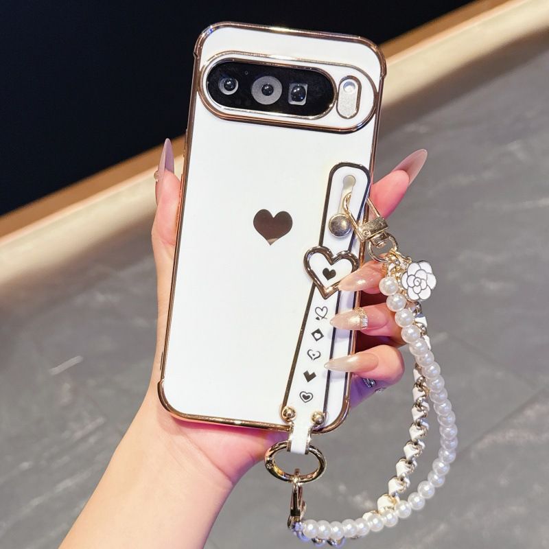 Phone Case for Google Pixel 10 Pro XL 10 9 Pro XL 9 9A 8 Pro 8A 7A Cute Love-Heart Plating Strap for Women Girls Bling Silicone Camera Protection Bumper Shockproof Phone Case