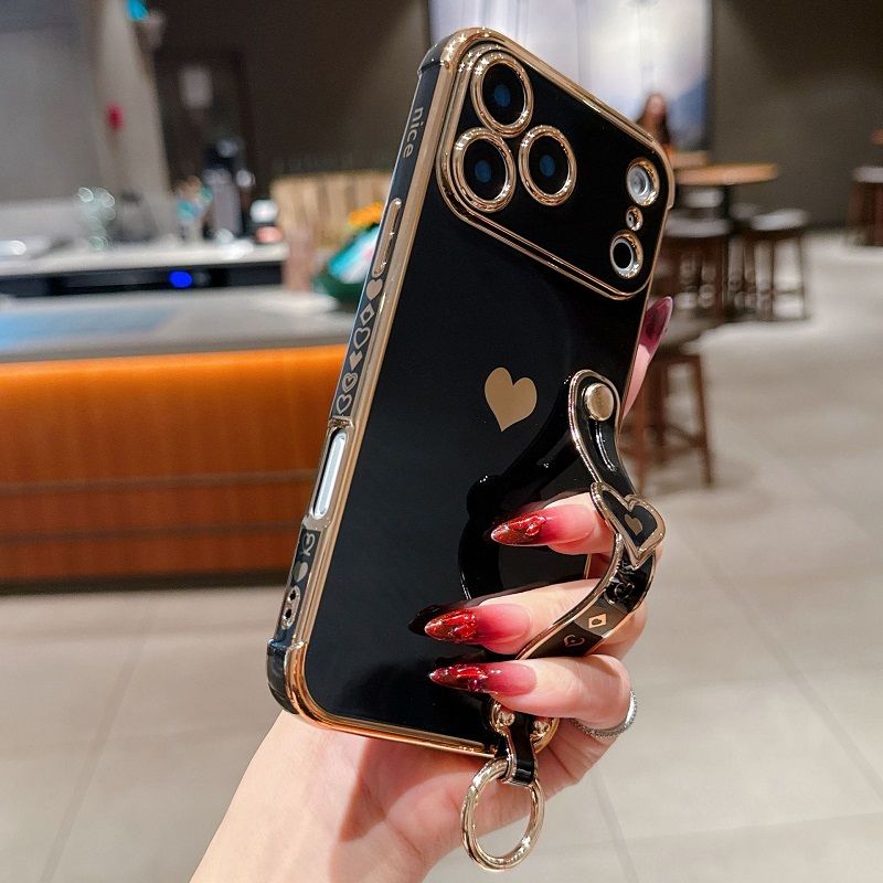 Phone Case for iPhone 17 Pro 17 Pro Max 17 Air 16e 16 Plus 15 14 13 Mini 12 Mini 11 12 13 Pro Max Cute Love-Heart Plating Strap Silicone  Protection Bumper Shockproof Hand hanging chain Phone Case