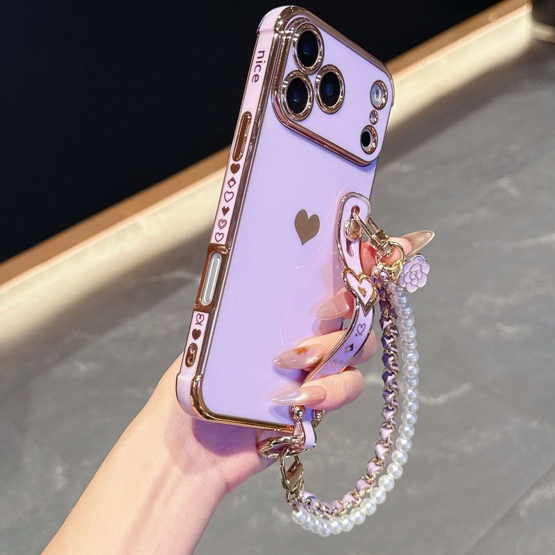 Phone Case for iPhone 17 Pro 17 Pro Max 17 Air 16e 16 Plus 15 14 13 Mini 12 Mini 11 12 13 Pro Max Cute Love-Heart Plating Strap Silicone  Protection Bumper Shockproof Hand hanging chain Phone Case