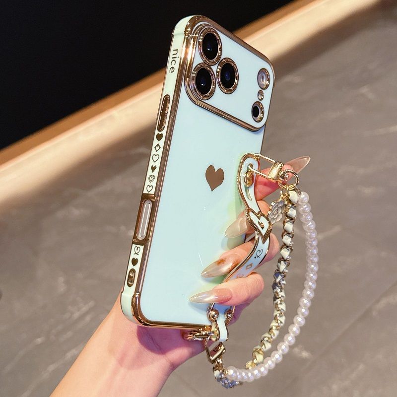 Phone Case for iPhone 17 Pro 17 Pro Max 17 Air 16e 16 Plus 15 14 13 Mini 12 Mini 11 12 13 Pro Max Cute Love-Heart Plating Strap Silicone  Protection Bumper Shockproof Hand hanging chain Phone Case