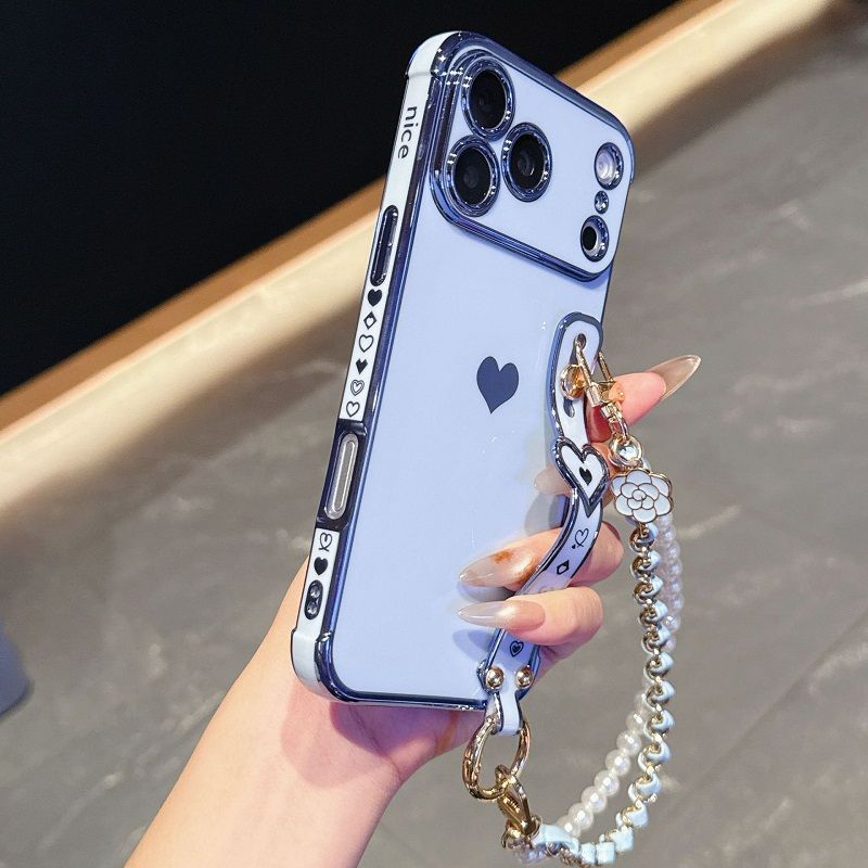 Phone Case for iPhone 17 Pro 17 Pro Max 17 Air 16e 16 Plus 15 14 13 Mini 12 Mini 11 12 13 Pro Max Cute Love-Heart Plating Strap Silicone  Protection Bumper Shockproof Hand hanging chain Phone Case