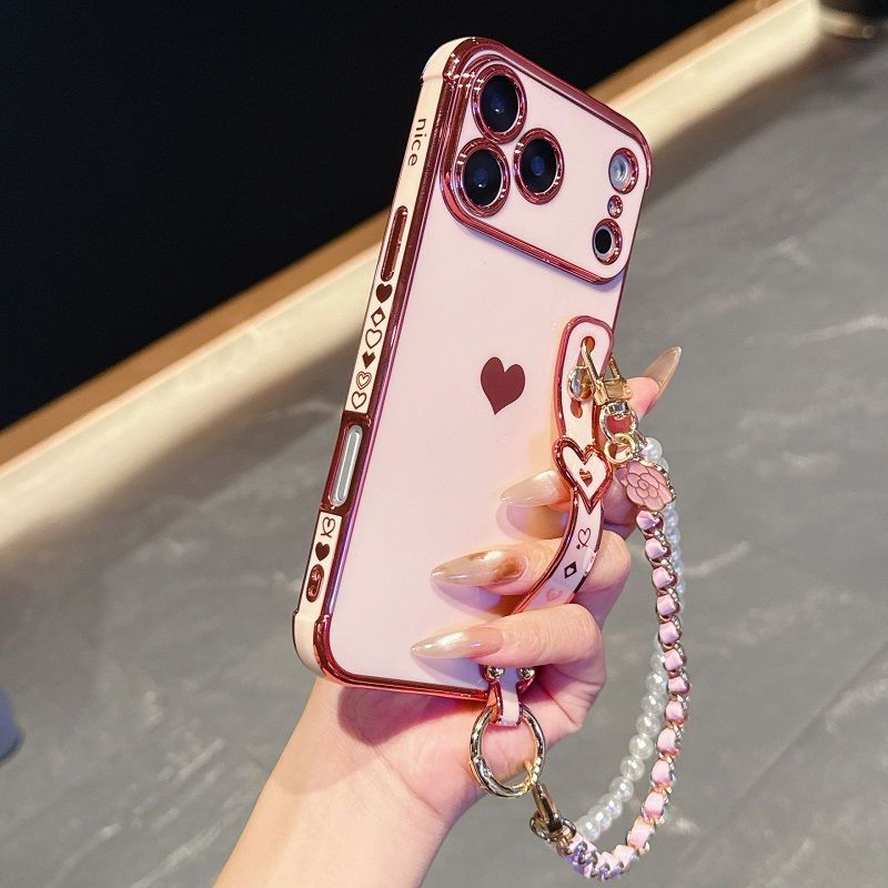 Phone Case for iPhone 17 Pro 17 Pro Max 17 Air 16e 16 Plus 15 14 13 Mini 12 Mini 11 12 13 Pro Max Cute Love-Heart Plating Strap Silicone  Protection Bumper Shockproof Hand hanging chain Phone Case
