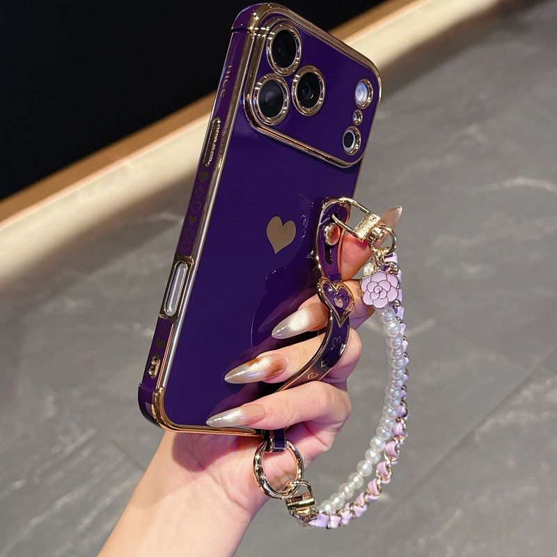 Phone Case for iPhone 17 Pro 17 Pro Max 17 Air 16e 16 Plus 15 14 13 Mini 12 Mini 11 12 13 Pro Max Cute Love-Heart Plating Strap Silicone  Protection Bumper Shockproof Hand hanging chain Phone Case