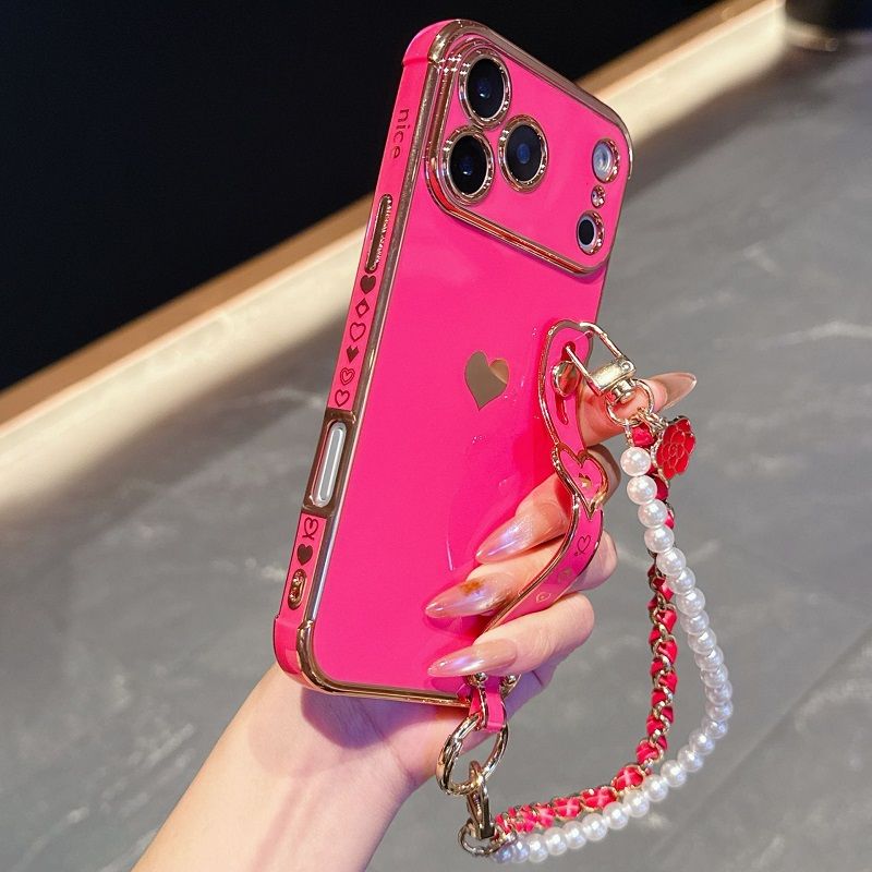 Phone Case for iPhone 17 Pro 17 Pro Max 17 Air 16e 16 Plus 15 14 13 Mini 12 Mini 11 12 13 Pro Max Cute Love-Heart Plating Strap Silicone  Protection Bumper Shockproof Hand hanging chain Phone Case