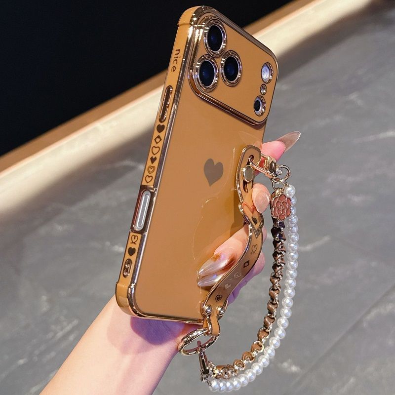 Phone Case for iPhone 17 Pro 17 Pro Max 17 Air 16e 16 Plus 15 14 13 Mini 12 Mini 11 12 13 Pro Max Cute Love-Heart Plating Strap Silicone  Protection Bumper Shockproof Hand hanging chain Phone Case