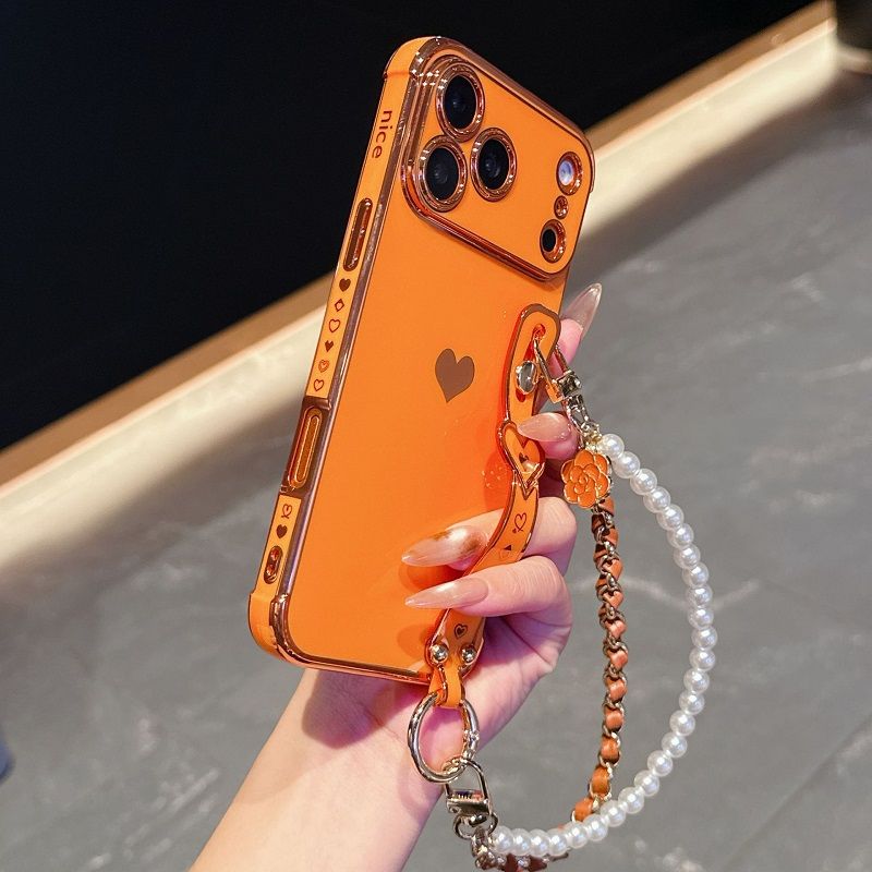 Phone Case for iPhone 17 Pro 17 Pro Max 17 Air 16e 16 Plus 15 14 13 Mini 12 Mini 11 12 13 Pro Max Cute Love-Heart Plating Strap Silicone  Protection Bumper Shockproof Hand hanging chain Phone Case