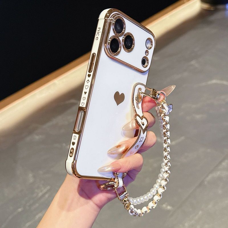 Phone Case for iPhone 17 Pro 17 Pro Max 17 Air 16e 16 Plus 15 14 13 Mini 12 Mini 11 12 13 Pro Max Cute Love-Heart Plating Strap Silicone  Protection Bumper Shockproof Hand hanging chain Phone Case