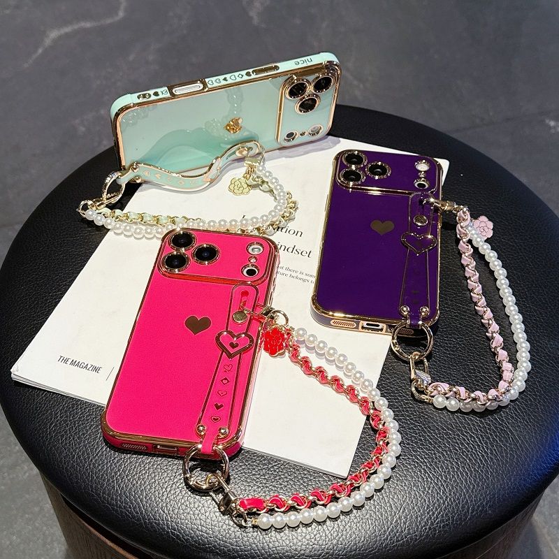 Phone Case for iPhone 17 Pro 17 Pro Max 17 Air 16e 16 Plus 15 14 13 Mini 12 Mini 11 12 13 Pro Max Cute Love-Heart Plating Strap Silicone  Protection Bumper Shockproof Hand hanging chain Phone Case