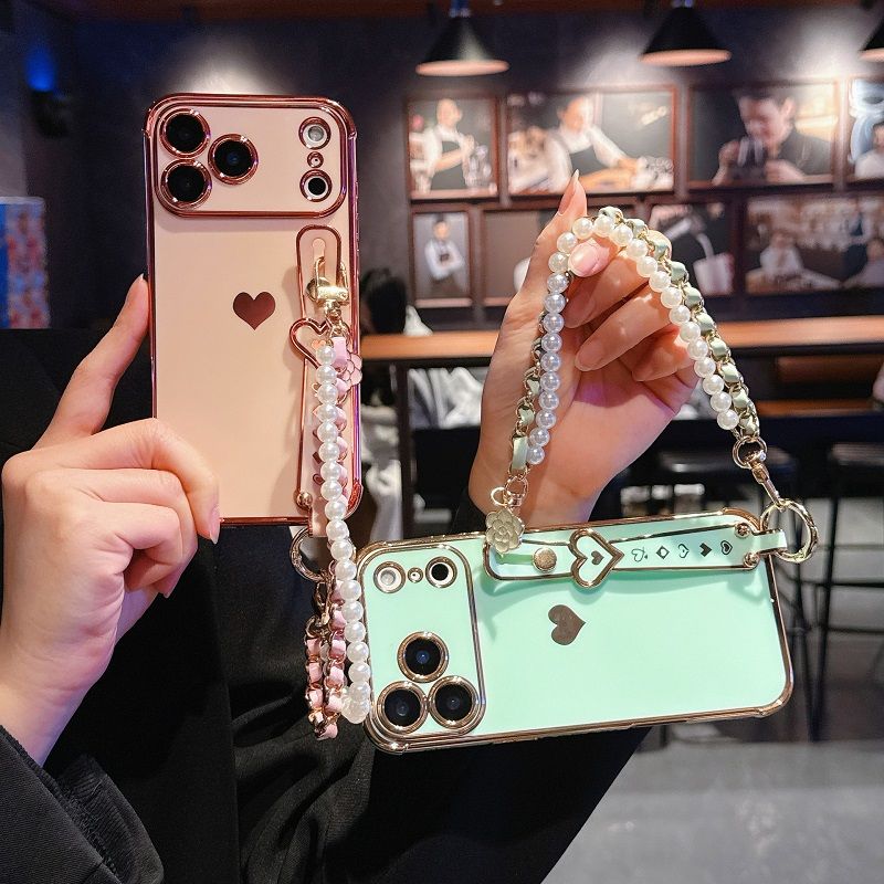 Phone Case for iPhone 17 Pro 17 Pro Max 17 Air 16e 16 Plus 15 14 13 Mini 12 Mini 11 12 13 Pro Max Cute Love-Heart Plating Strap Silicone  Protection Bumper Shockproof Hand hanging chain Phone Case