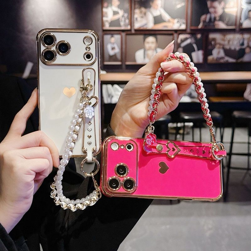 Phone Case for iPhone 17 Pro 17 Pro Max 17 Air 16e 16 Plus 15 14 13 Mini 12 Mini 11 12 13 Pro Max Cute Love-Heart Plating Strap Silicone  Protection Bumper Shockproof Hand hanging chain Phone Case