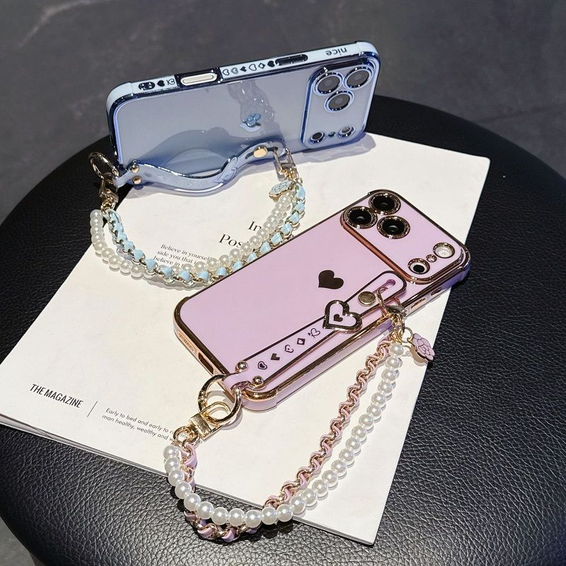 Phone Case for iPhone 17 Pro 17 Pro Max 17 Air 16e 16 Plus 15 14 13 Mini 12 Mini 11 12 13 Pro Max Cute Love-Heart Plating Strap Silicone  Protection Bumper Shockproof Hand hanging chain Phone Case