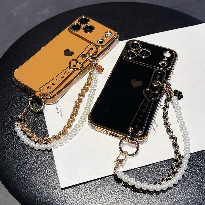 Phone Case for iPhone 17 Pro 17 Pro Max 17 Air 16e 16 Plus 15 14 13 Mini 12 Mini 11 12 13 Pro Max Cute Love-Heart Plating Strap Silicone  Protection Bumper Shockproof Hand hanging chain Phone Case