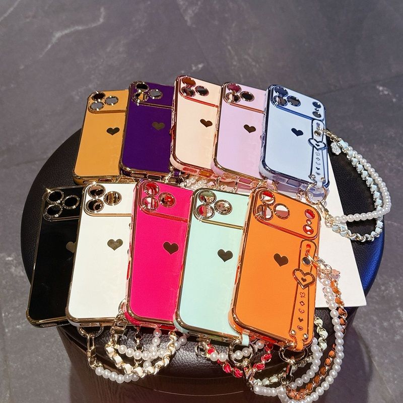 Phone Case for iPhone 17 Pro 17 Pro Max 17 Air 16e 16 Plus 15 14 13 Mini 12 Mini 11 12 13 Pro Max Cute Love-Heart Plating Strap Silicone  Protection Bumper Shockproof Hand hanging chain Phone Case