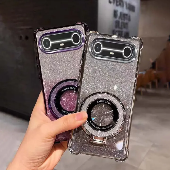 Electroplated Four Corner Resistant Gradient Glitter Phone Case for Tecno Spark Slim Cover with Magnetic Ring Holder