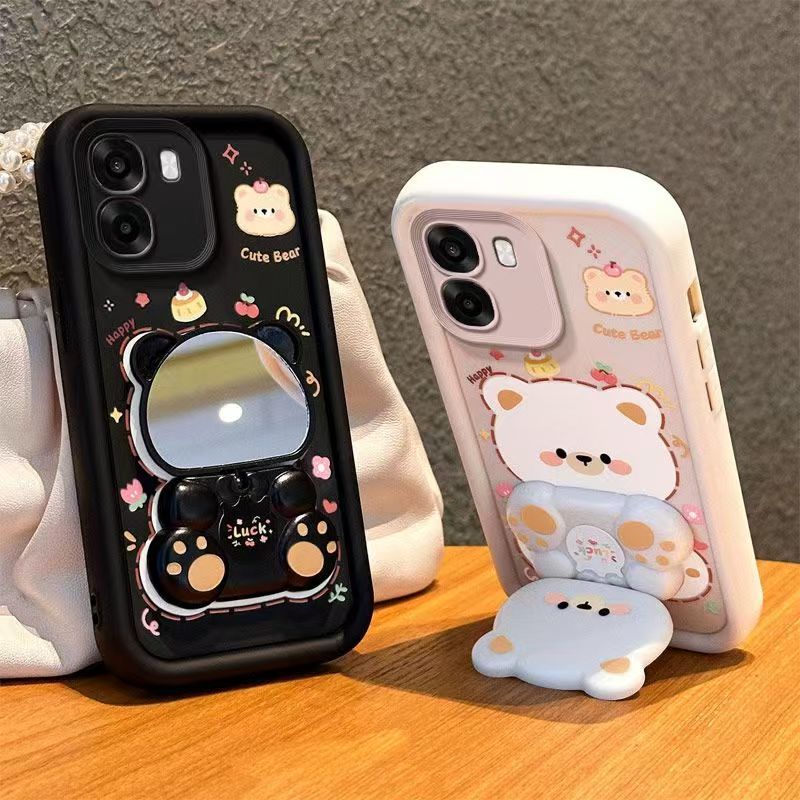 Cute Cartoon Silicona Phone Case for OPPO A6X Bear Mirror Bracket Back Cover