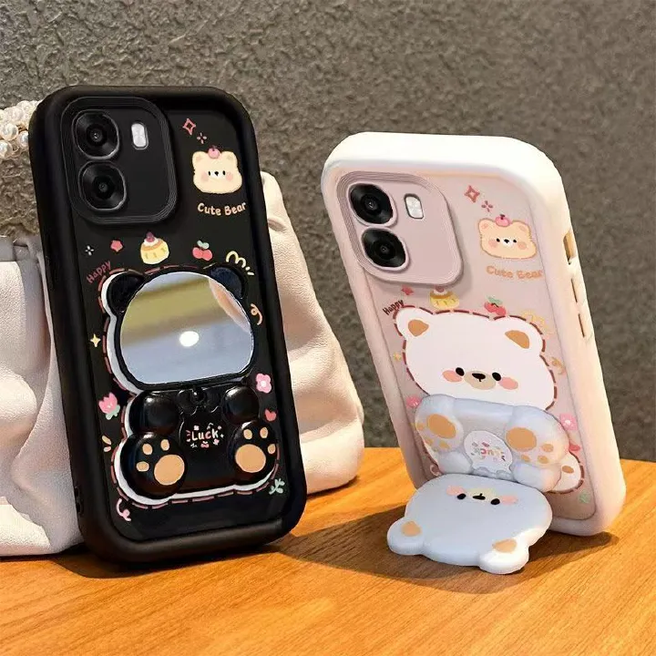 Cute Cartoon Silicona Phone Case for OPPO A6X Bear Mirror Bracket Back Cover