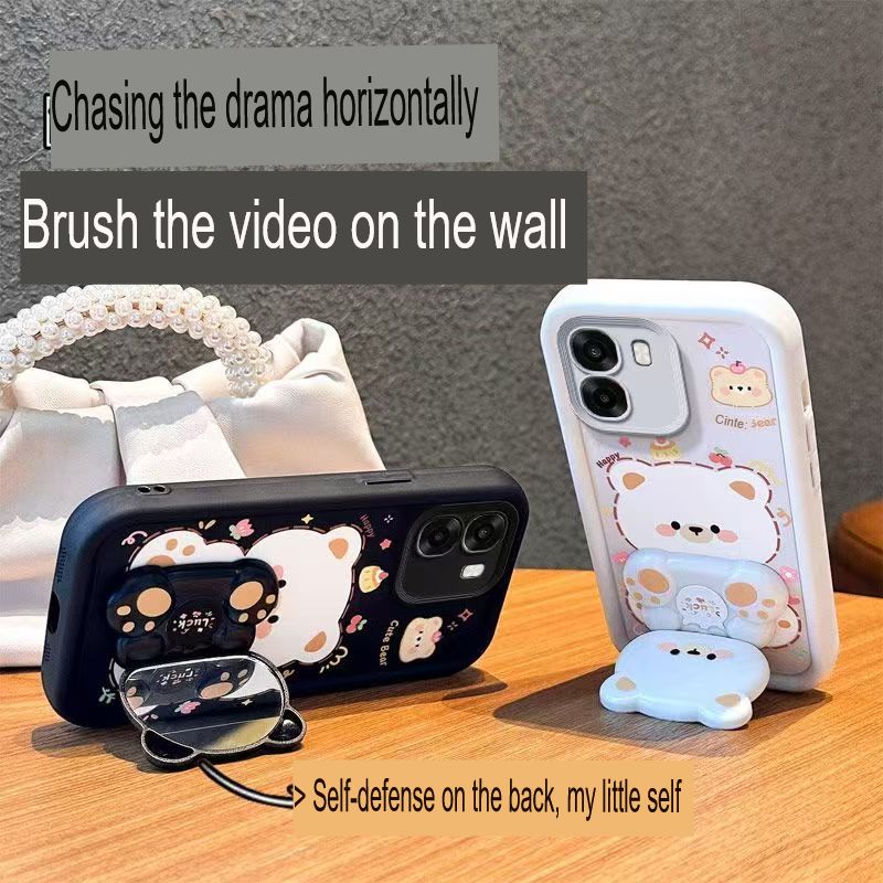 Cute Cartoon Silicona Phone Case for OPPO A6X Bear Mirror Bracket Back Cover