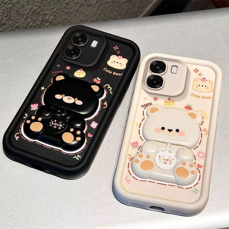 Cute Cartoon Silicona Phone Case for OPPO A6X Bear Mirror Bracket Back Cover