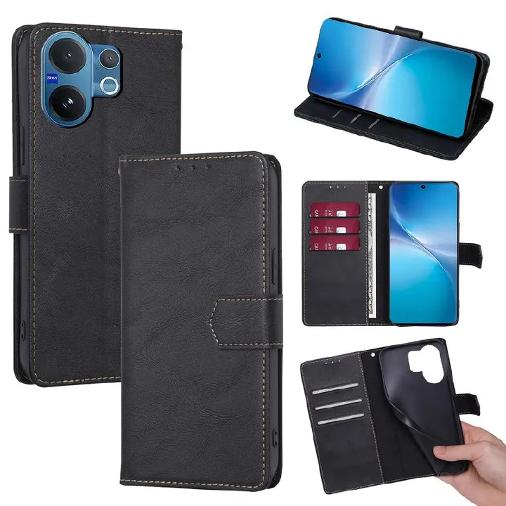 Leather Flip Cover Case for Vivo V60 5G [Flip Vintage Leather] Wallet Shockproof Durable Retro Phone Case