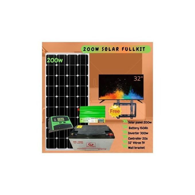 200W Solar Fullkit – Complete Home Solar Power System with 200W Panel, 150Ah Battery, 300W Inverter, 20A Controller + 32" Vitron TV & Wall Bracket