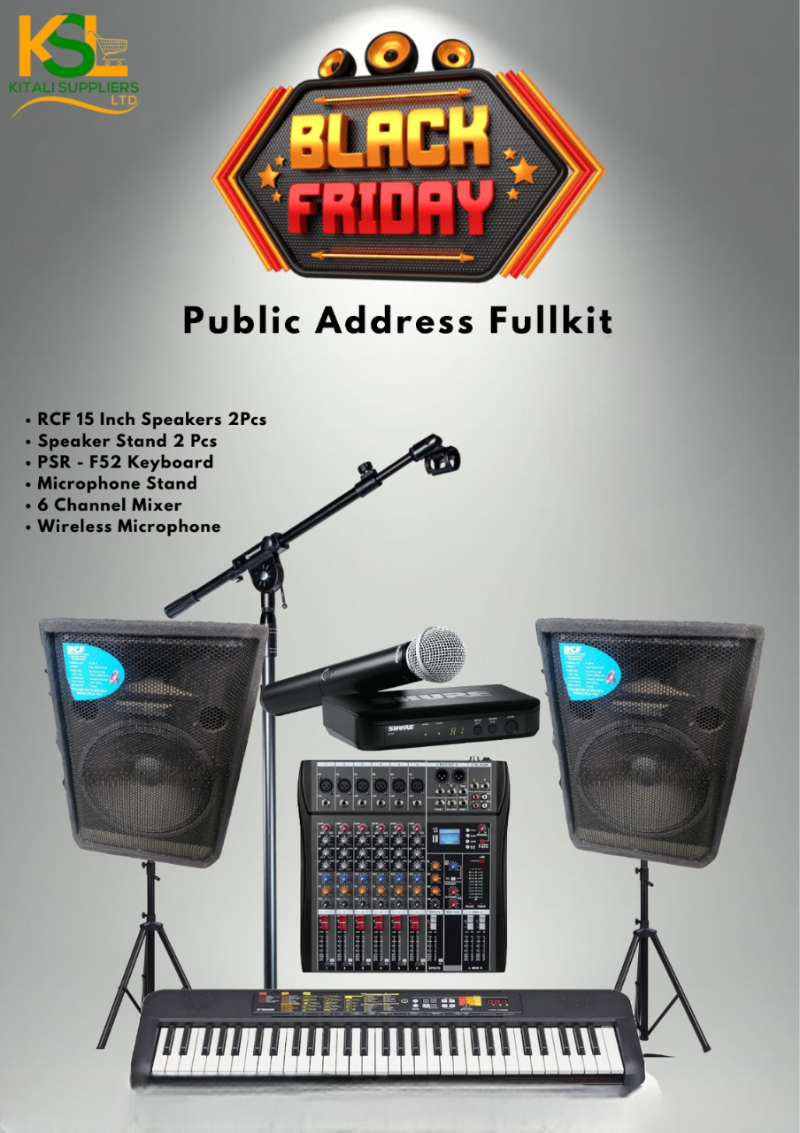 Public Address Fullkit – RCF 15 Inch Speakers (2Pcs), PSR-F52 Keyboard, 6 Channel Mixer, Wireless Microphone, Mic Stand & Speaker Stands | Complete Professional PA System for Events, Churches & Studio
