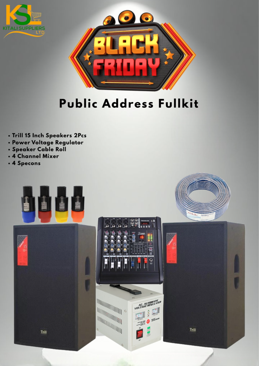 Public Address Fullkit – Trill 15 Inch Speakers (2Pcs), Power Voltage Regulator, 4 Channel Mixer, Speaker Cable Roll & 4 Specons | Complete Professional PA System for Churches, Events & Studios