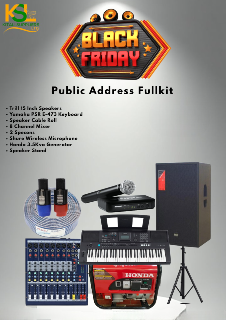 Public Address Fullkit – Trill 15 Inch Speakers, Yamaha PSR E-473 Keyboard, 8 Channel Mixer, Shure Wireless Microphone, 3.5Kva Honda Generator, Cable Roll, Specons & Stands | Complete Professional Sou