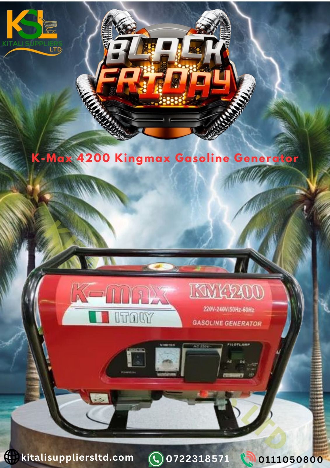 KM-4200 Portable Petrol Generator – 4.2kVA, Low Fuel Consumption, Manual Start, 100% Copper Coil. Features a 100% pure copper coil, efficient low fuel consumption engine, and manual recoil start.