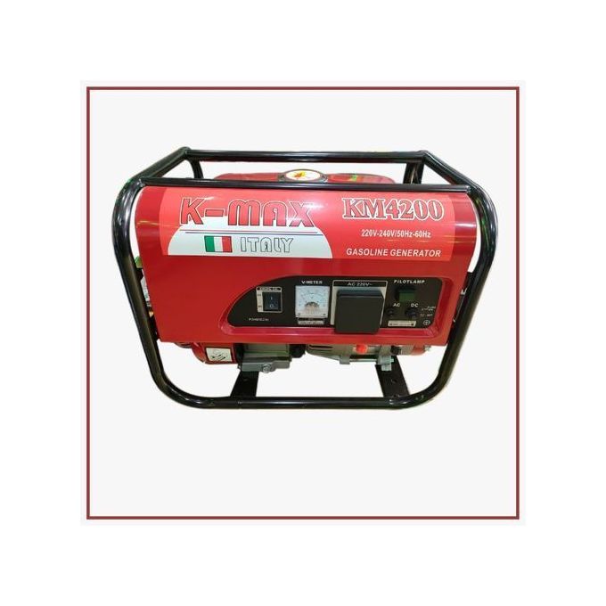 KM-4200 Portable Petrol Generator – 4.2kVA, Low Fuel Consumption, Manual Start, 100% Copper Coil. Features a 100% pure copper coil, efficient low fuel consumption engine, and manual recoil start.
