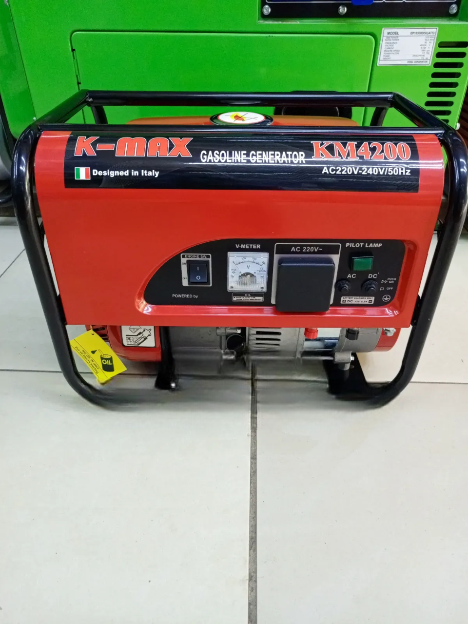 KM-4200 Portable Petrol Generator – 4.2kVA, Low Fuel Consumption, Manual Start, 100% Copper Coil. Features a 100% pure copper coil, efficient low fuel consumption engine, and manual recoil start.