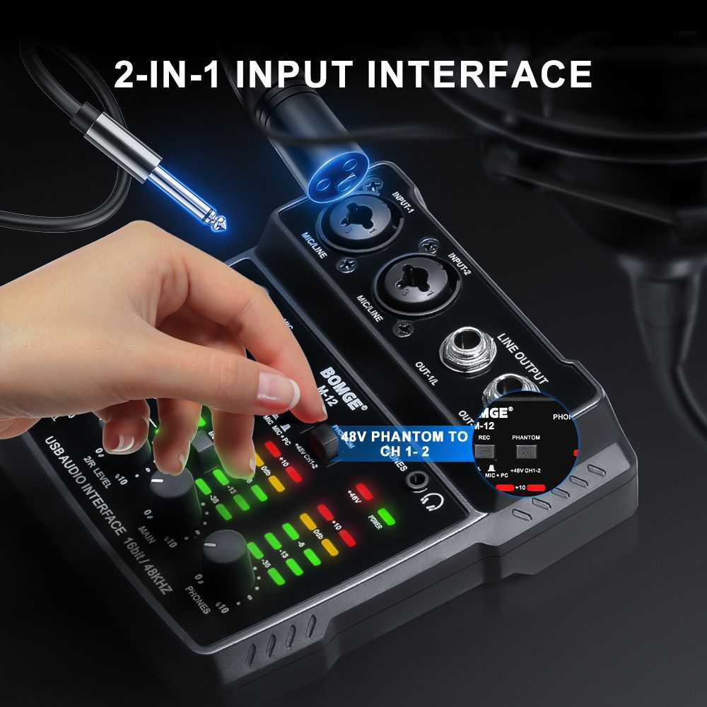 BOMGE M-12 USB Audio Interface for PC,Interface for Recording Music Computer Recording Audio Interface XLR with 3.5m Microphone Jack, USB Sound Card for Recording Studio, Ultra-low Latency Plug&Play