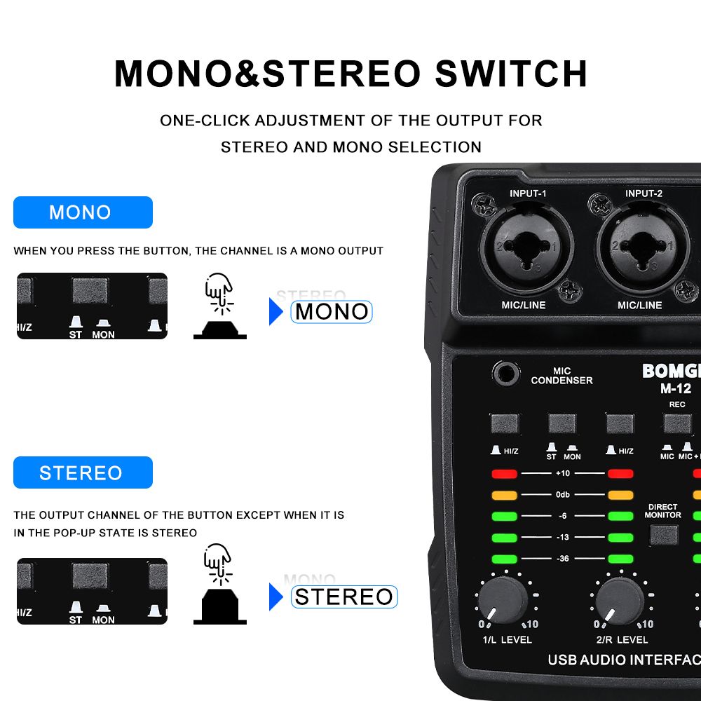 BOMGE M-12 USB Audio Interface for PC,Interface for Recording Music Computer Recording Audio Interface XLR with 3.5m Microphone Jack, USB Sound Card for Recording Studio, Ultra-low Latency Plug&Play