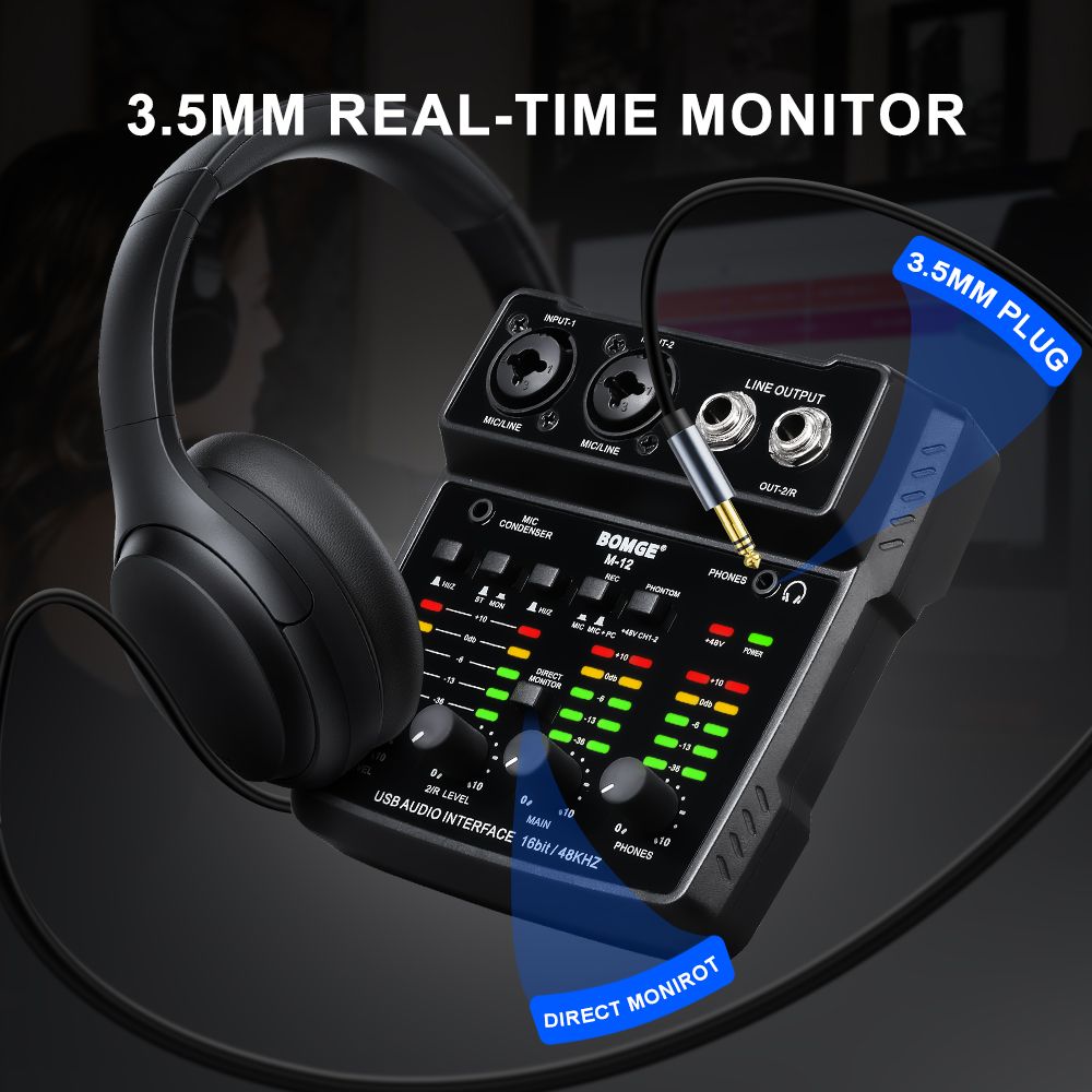 BOMGE M-12 USB Audio Interface for PC,Interface for Recording Music Computer Recording Audio Interface XLR with 3.5m Microphone Jack, USB Sound Card for Recording Studio, Ultra-low Latency Plug&Play