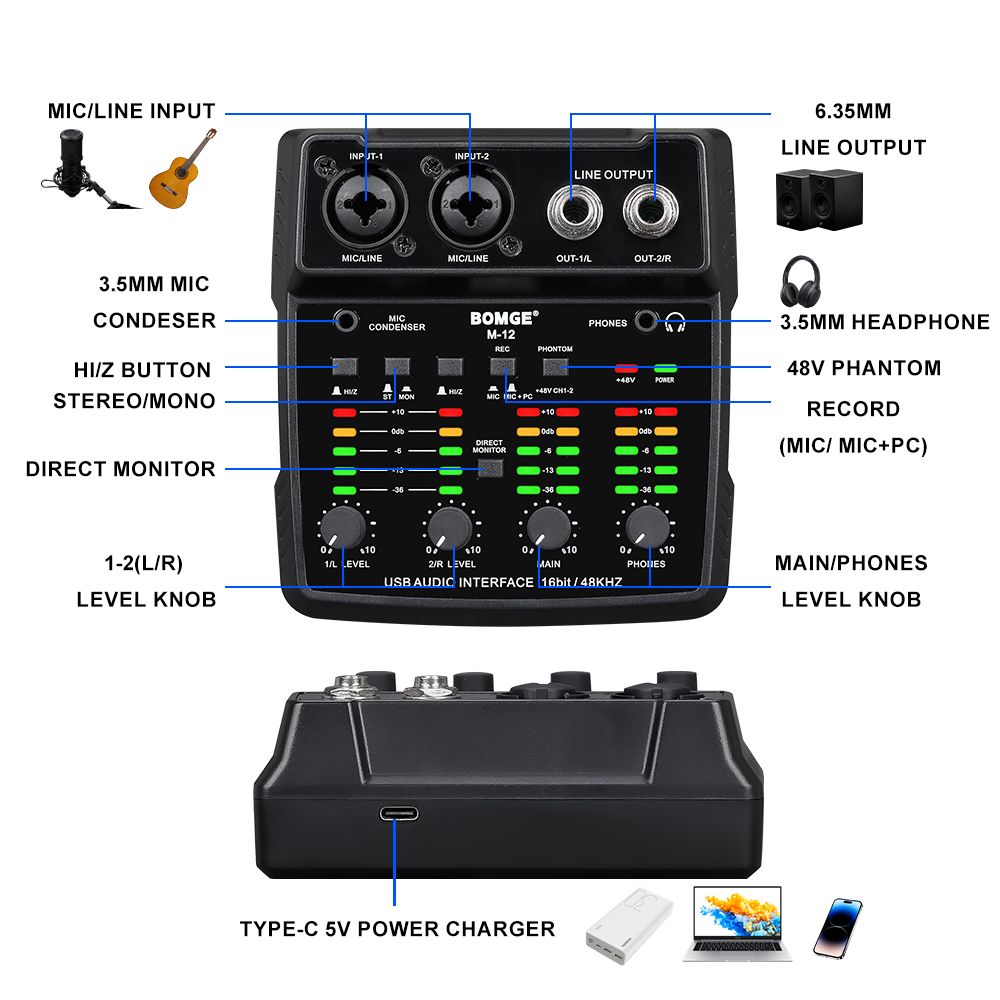 BOMGE M-12 USB Audio Interface for PC,Interface for Recording Music Computer Recording Audio Interface XLR with 3.5m Microphone Jack, USB Sound Card for Recording Studio, Ultra-low Latency Plug&Play