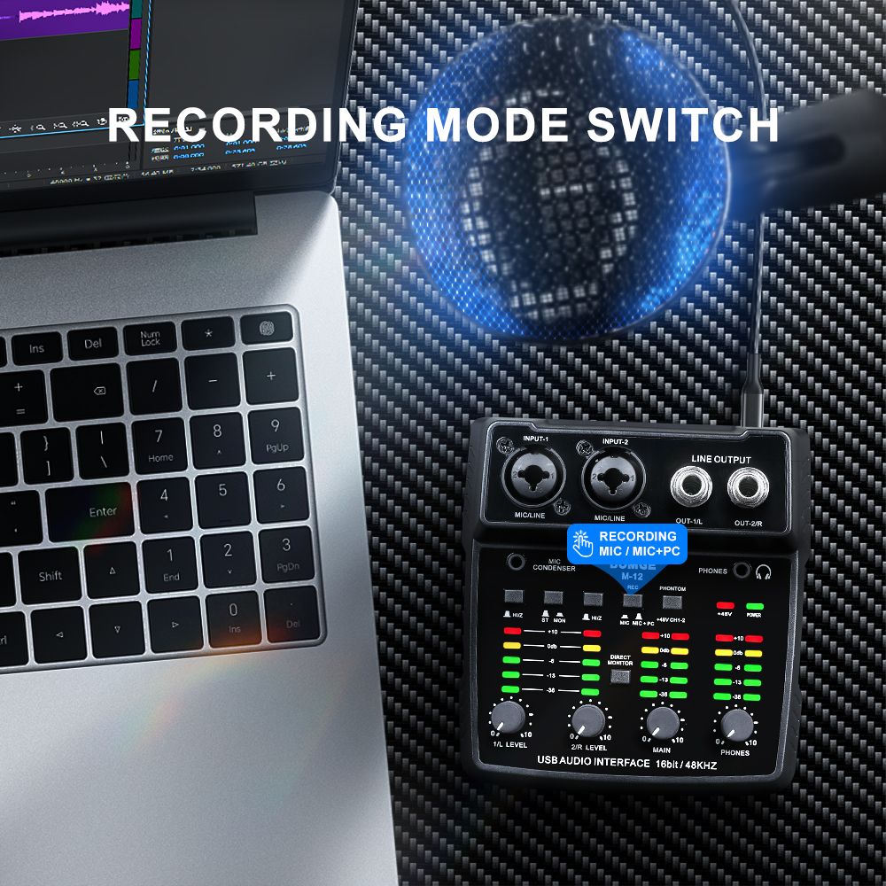 BOMGE M-12 USB Audio Interface for PC,Interface for Recording Music Computer Recording Audio Interface XLR with 3.5m Microphone Jack, USB Sound Card for Recording Studio, Ultra-low Latency Plug&Play