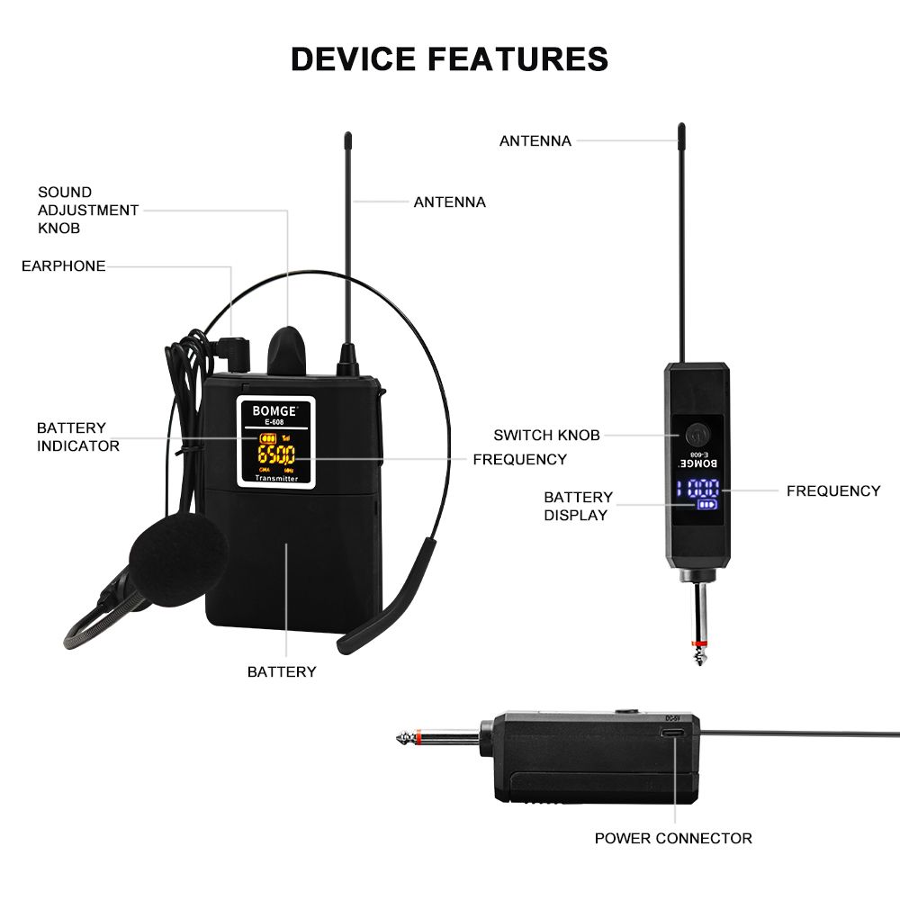 BOMGE Wireless Lavalier Lapel Microphone System/Headset Mic/Interview Mic，for,PA Speaker, Teaching, and Tablets,164Ft