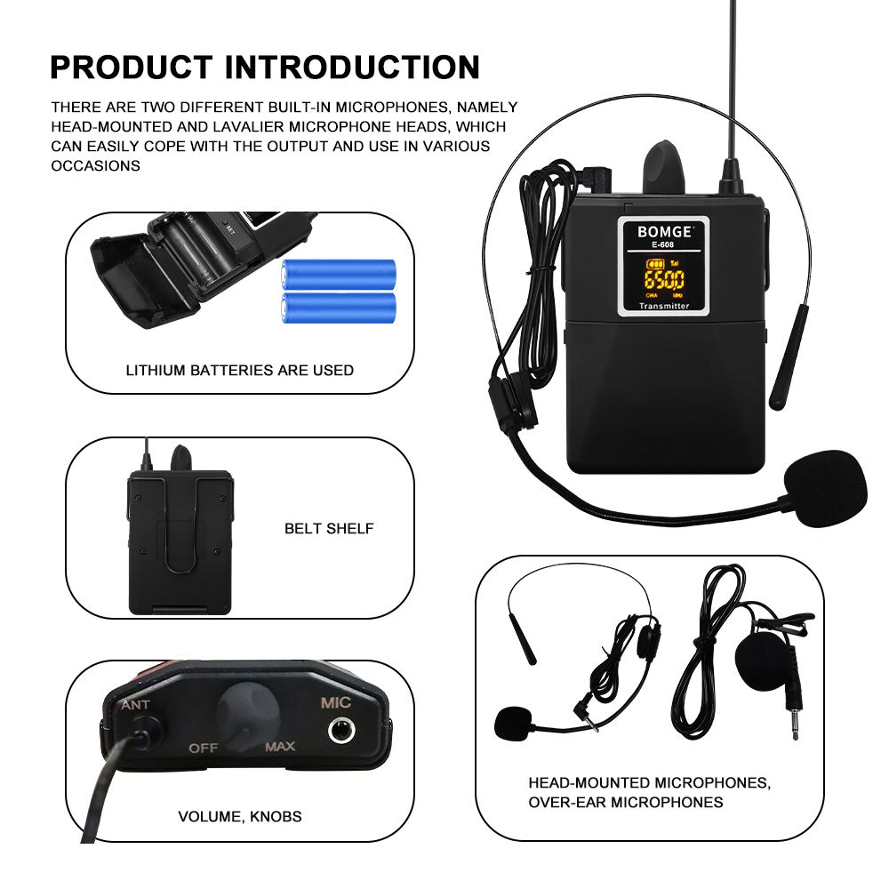 BOMGE Wireless Lavalier Lapel Microphone System/Headset Mic/Interview Mic，for,PA Speaker, Teaching, and Tablets,164Ft