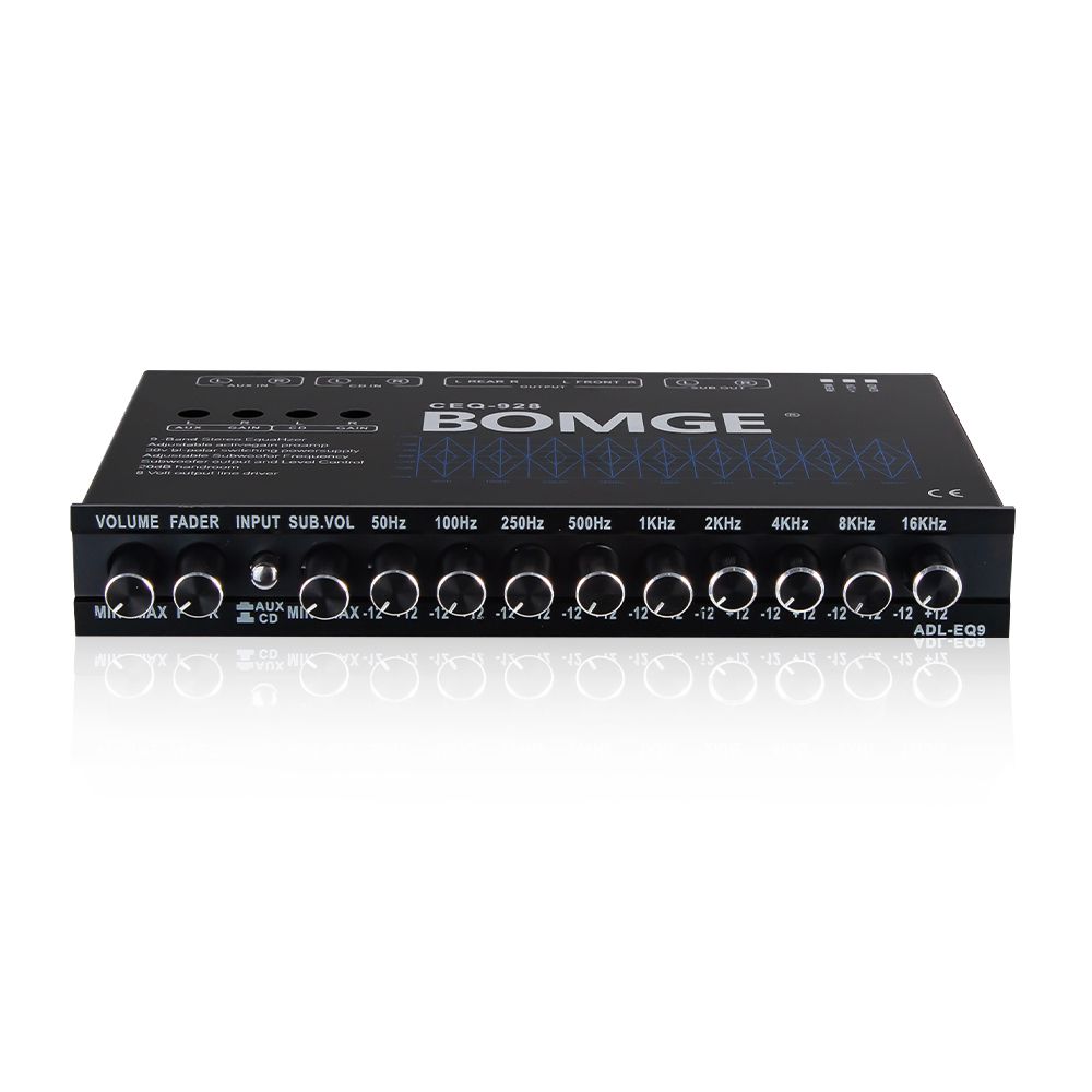 BOMGE 9-Band Car Audio Equalizer, Car Graphic Equalizer EQ W/Front, Rear + Sub Output, 8V RMS Line Driver, Adjustable Audio Output for Car, Boat, W/CD/AUX Input Select & White Light Illumination