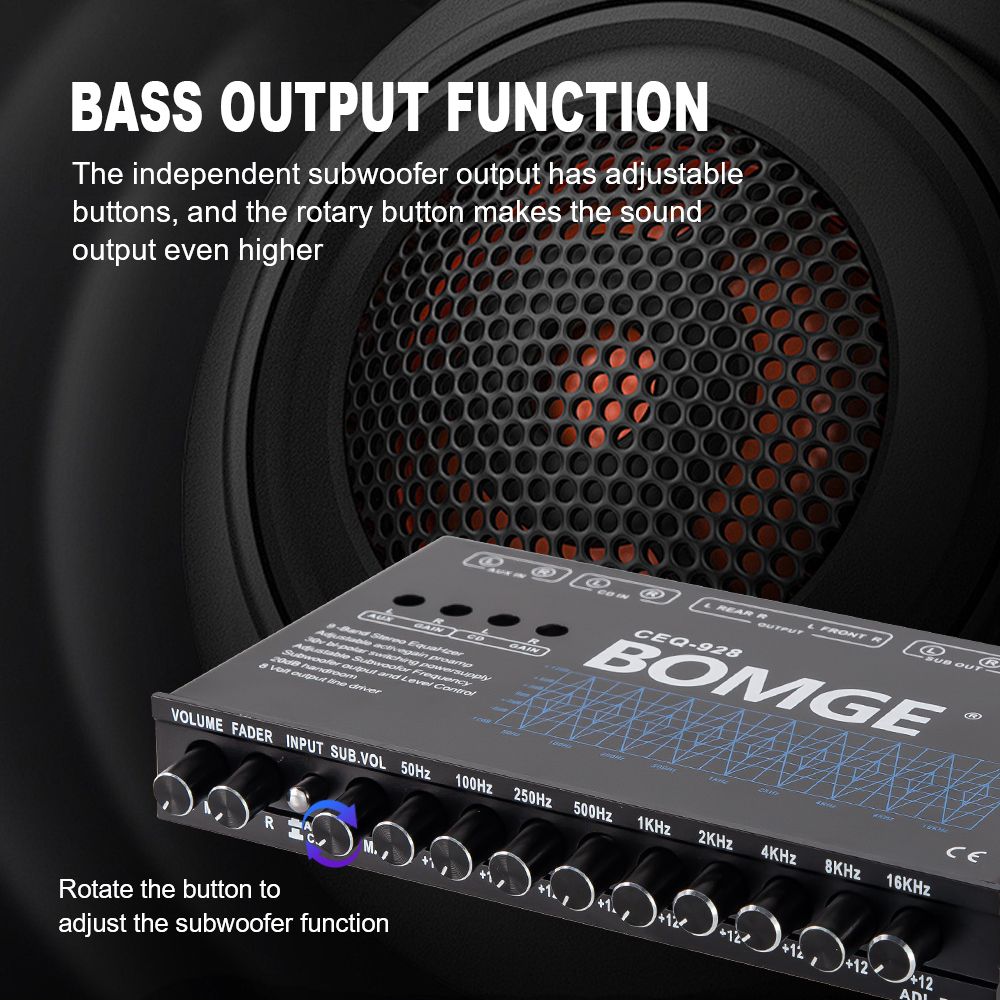 BOMGE 9-Band Car Audio Equalizer, Car Graphic Equalizer EQ W/Front, Rear + Sub Output, 8V RMS Line Driver, Adjustable Audio Output for Car, Boat, W/CD/AUX Input Select & White Light Illumination