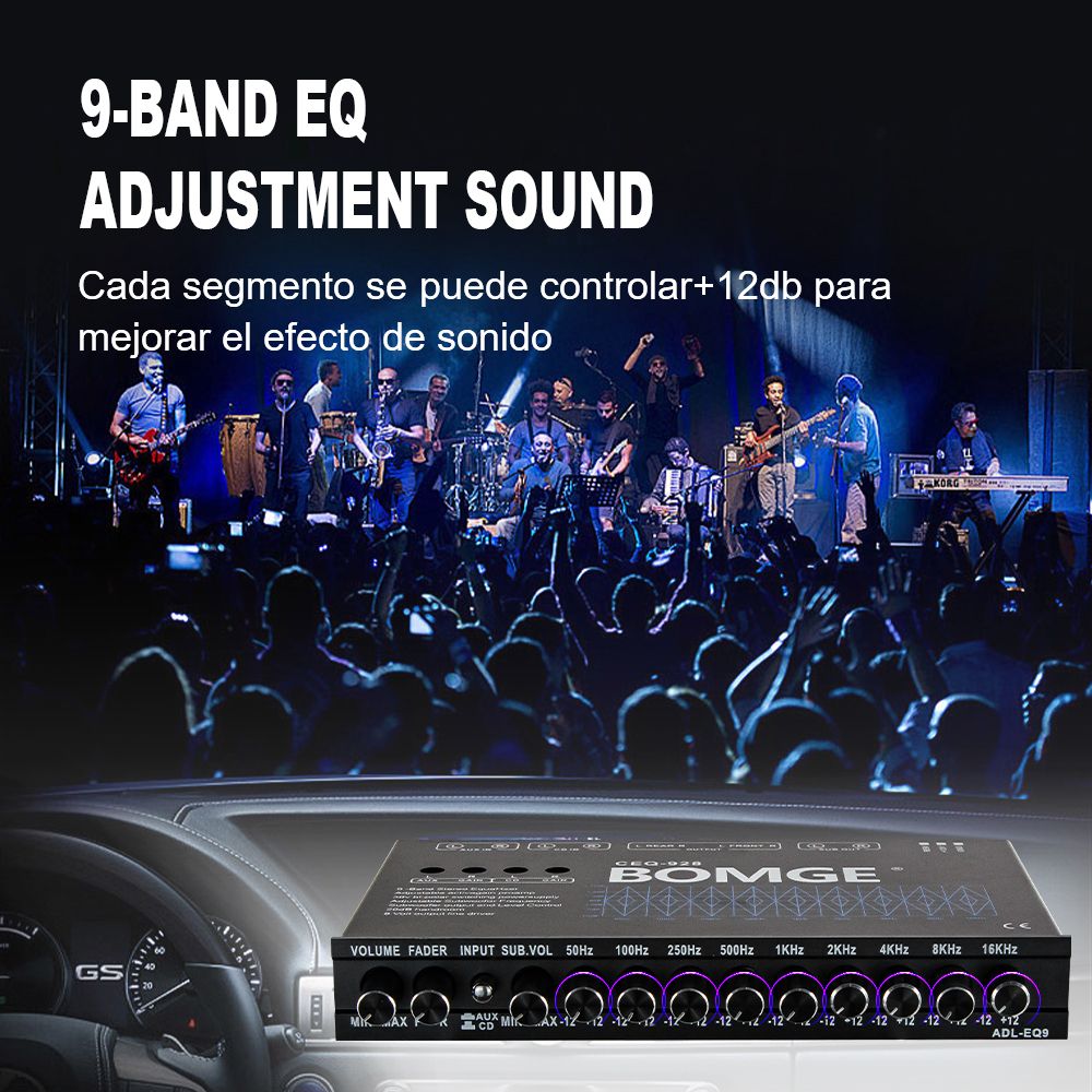 BOMGE 9-Band Car Audio Equalizer, Car Graphic Equalizer EQ W/Front, Rear + Sub Output, 8V RMS Line Driver, Adjustable Audio Output for Car, Boat, W/CD/AUX Input Select & White Light Illumination
