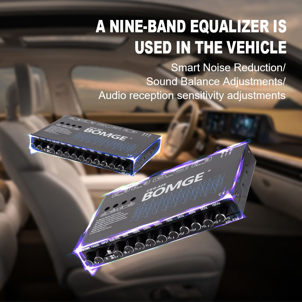 BOMGE 9-Band Car Audio Equalizer, Car Graphic Equalizer EQ W/Front, Rear + Sub Output, 8V RMS Line Driver, Adjustable Audio Output for Car, Boat, W/CD/AUX Input Select & White Light Illumination