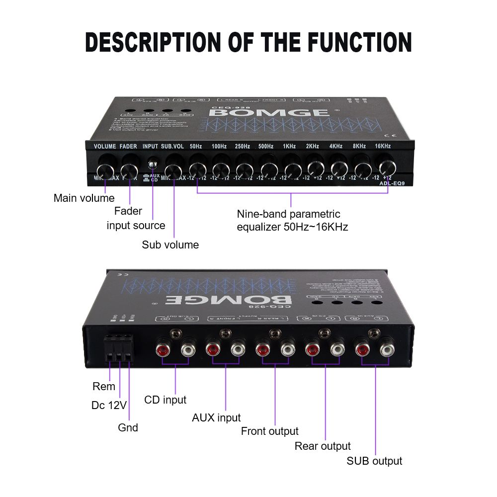 BOMGE 9-Band Car Audio Equalizer, Car Graphic Equalizer EQ W/Front, Rear + Sub Output, 8V RMS Line Driver, Adjustable Audio Output for Car, Boat, W/CD/AUX Input Select & White Light Illumination