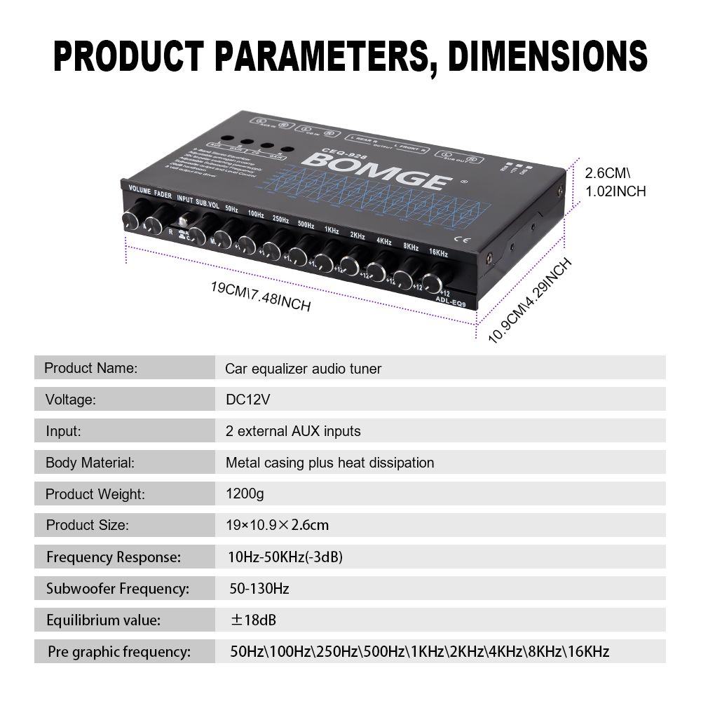 BOMGE 9-Band Car Audio Equalizer, Car Graphic Equalizer EQ W/Front, Rear + Sub Output, 8V RMS Line Driver, Adjustable Audio Output for Car, Boat, W/CD/AUX Input Select & White Light Illumination