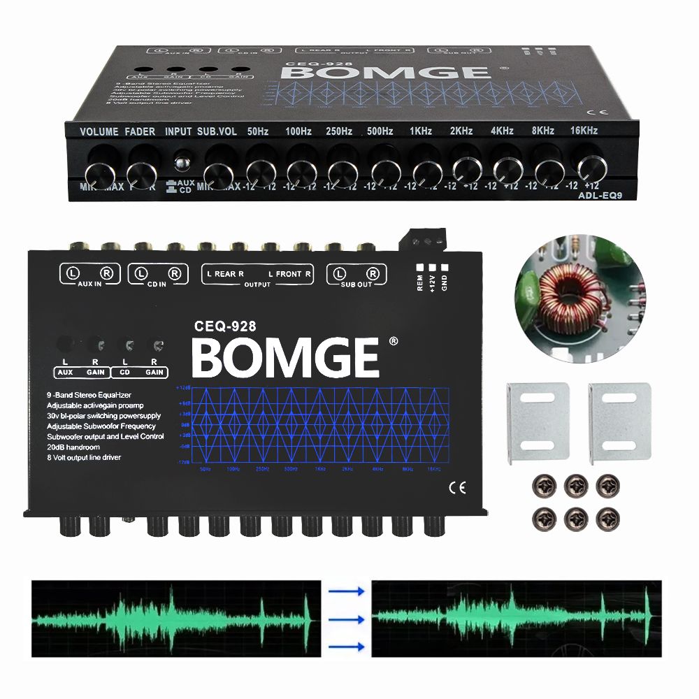 BOMGE 9-Band Car Audio Equalizer, Car Graphic Equalizer EQ W/Front, Rear + Sub Output, 8V RMS Line Driver, Adjustable Audio Output for Car, Boat, W/CD/AUX Input Select & White Light Illumination