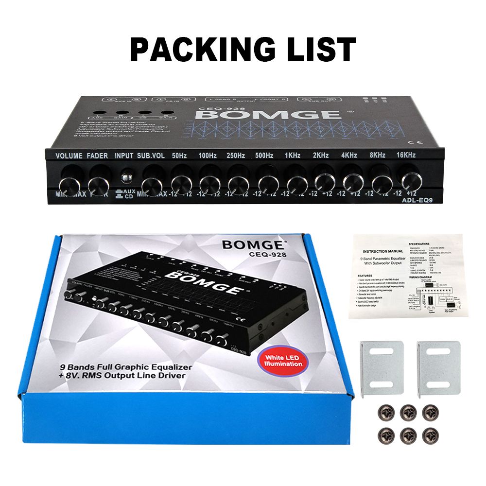 BOMGE 9-Band Car Audio Equalizer, Car Graphic Equalizer EQ W/Front, Rear + Sub Output, 8V RMS Line Driver, Adjustable Audio Output for Car, Boat, W/CD/AUX Input Select & White Light Illumination