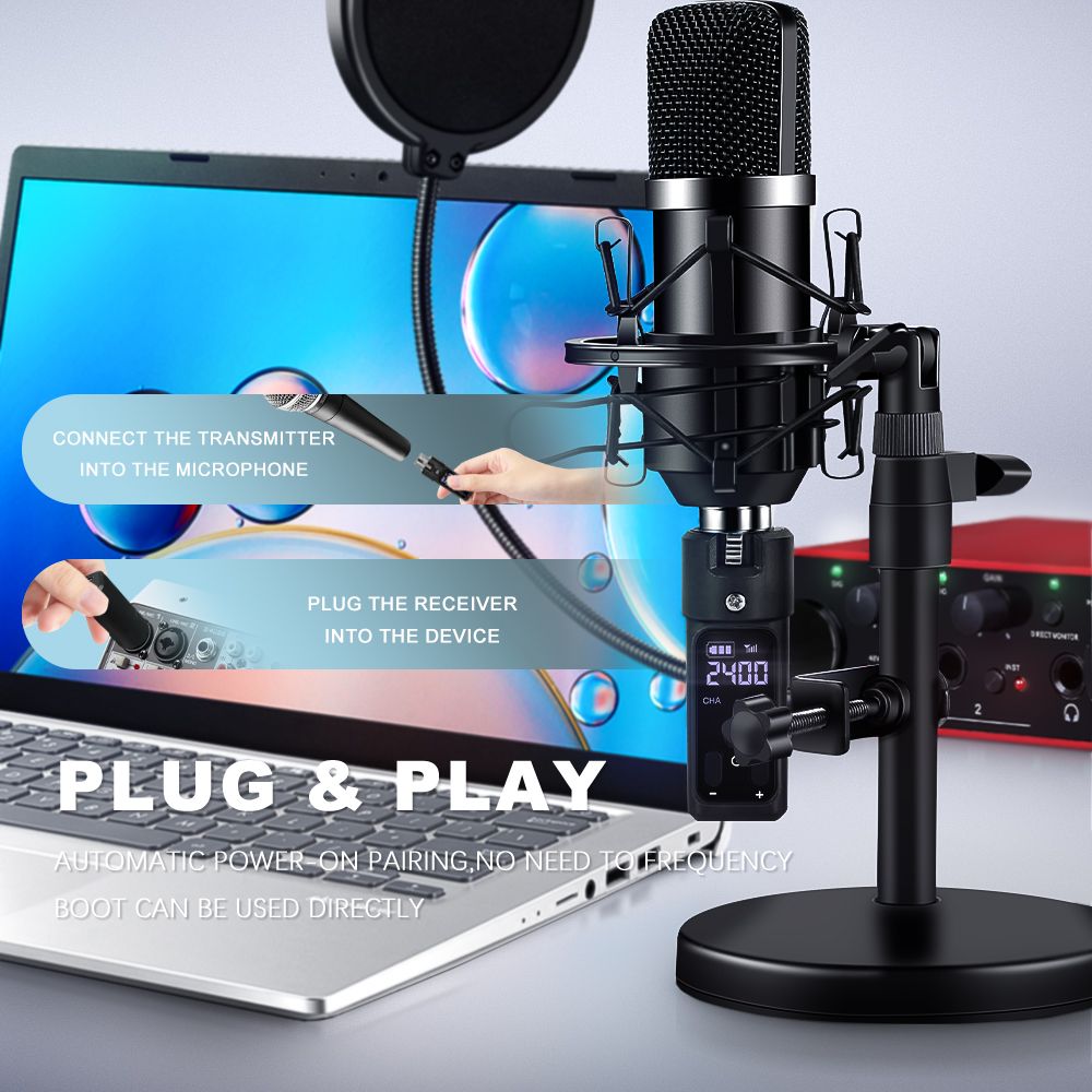 Wireless Microphone Transmitter Receiver 2.4Ghz,MicWireless System, Rechargeable Wireless Mic Adapter with 48V for Audio Mixer,