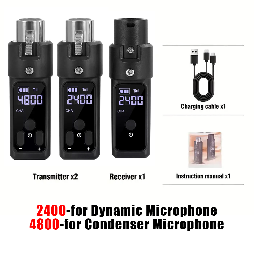Wireless Microphone Transmitter Receiver 2.4Ghz,MicWireless System, Rechargeable Wireless Mic Adapter with 48V for Audio Mixer,