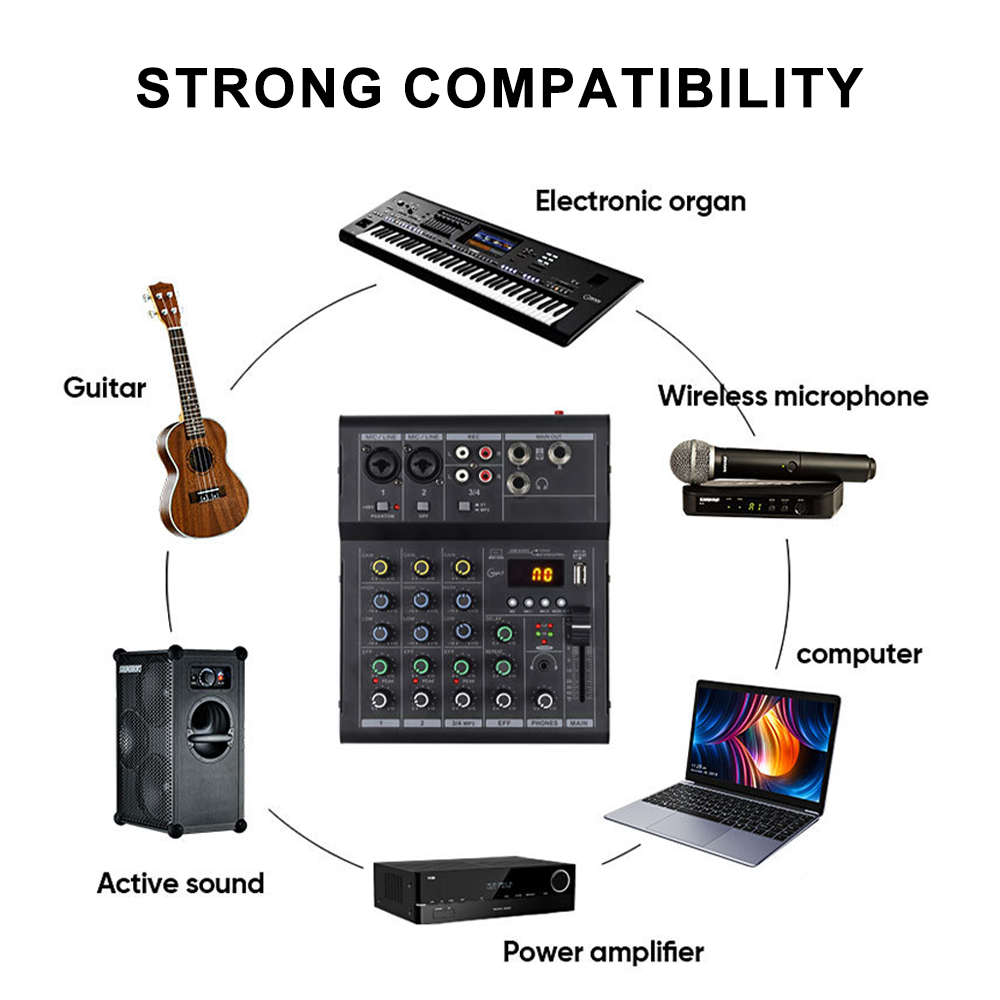 BOMGE Professional 4 Channel Audio Mixer Sound Board Mixing Console With USB Interface For Recording Live Streaming Podcasting